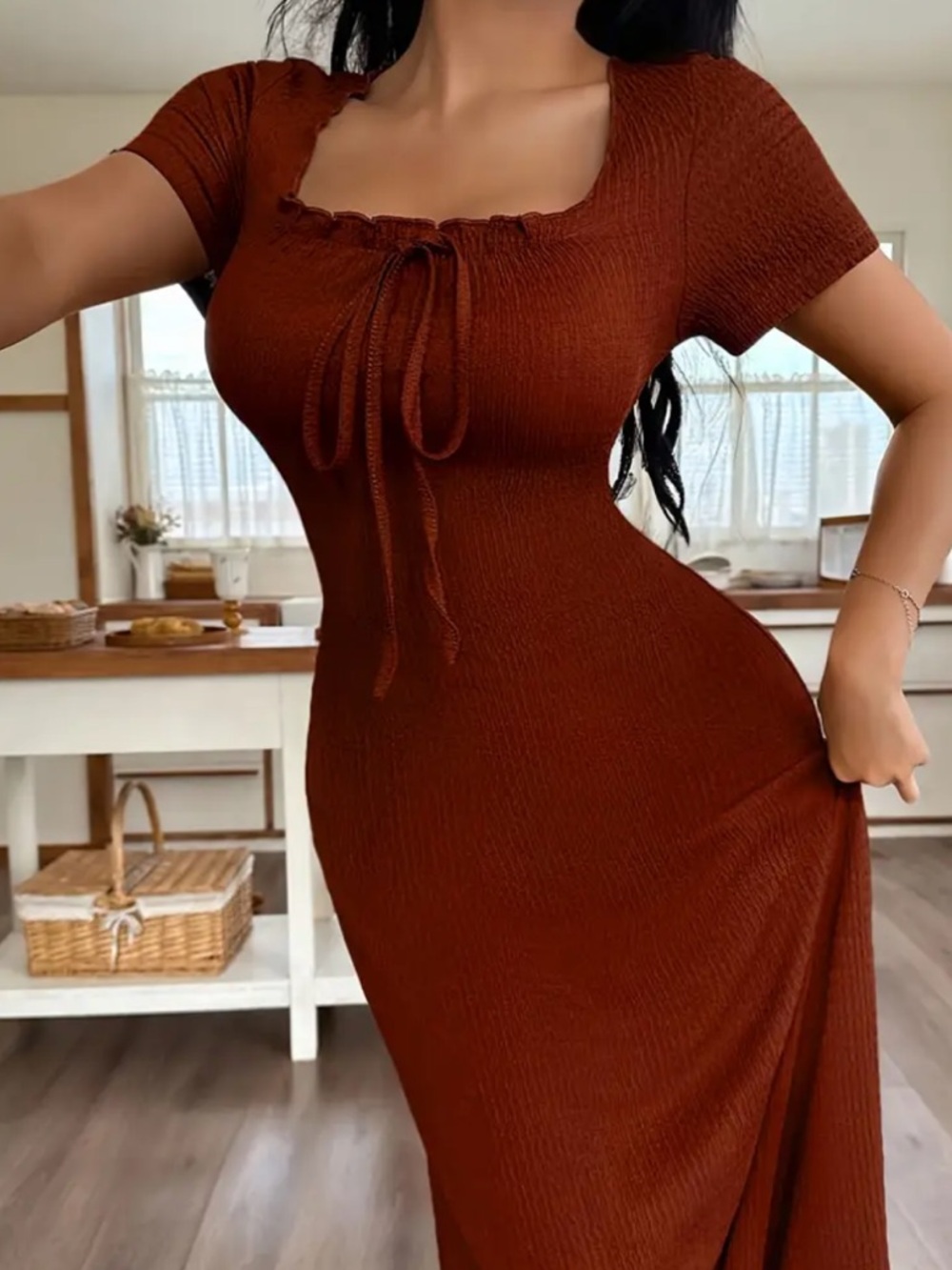 Women’s Ribbed Tie-Front Midi Dress in Deep Brown - Picture 2 of 5